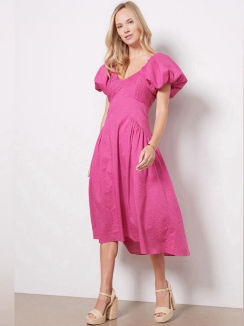 FRAME Puff-sleeve Textured Midi Dress V-neck A-line High Low Flounce Hem Small